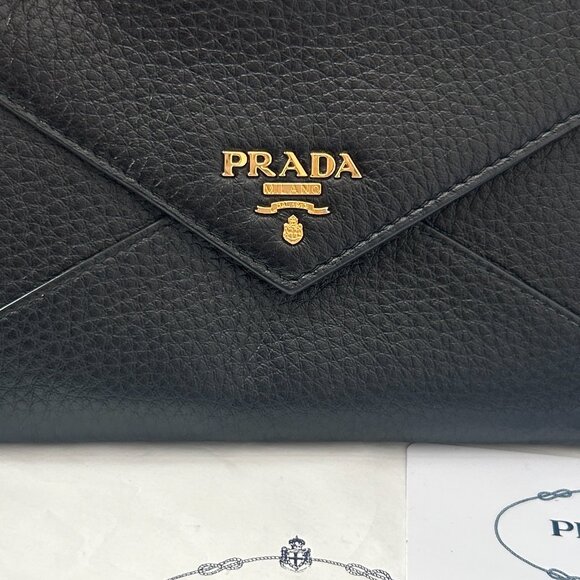 Prada Envelope clutch in Black & Gold includes box & authenticity cards shown - Picture 7 of 9
